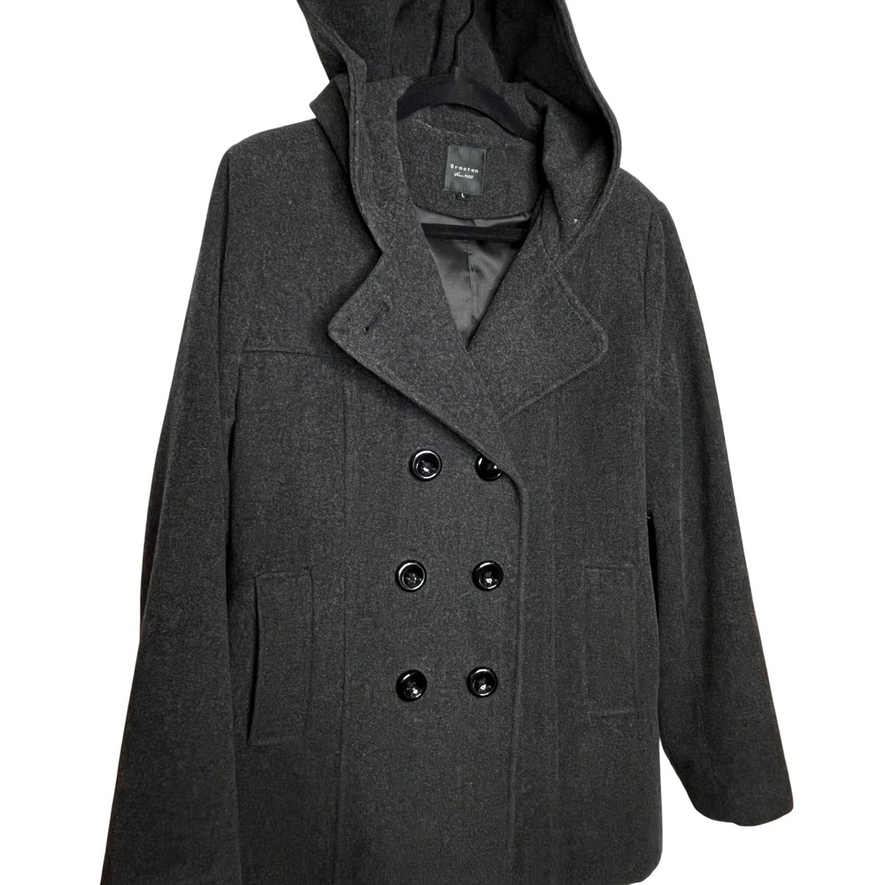 Braetan Charcoal Gray Wool Blend Hooded Peacoat Large Double Breasted